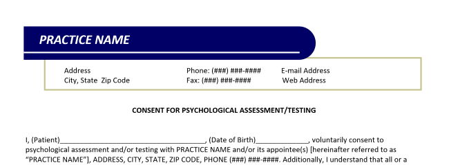 Private Practice Forms & Templates: Consent for Psychological Assessment/Testing (Word)