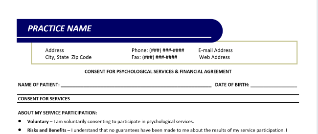Private Practice Forms & Templates: Consent for Psychological Services & Financial Agreement (Word)