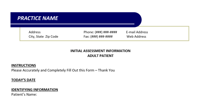 Private Practice Forms & Templates: Initial Assessment Information - Adult Patient (Word)